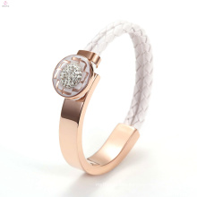 Women IP Rose Gold Wide Stainless Steel Crystal Weave Leather Bangle Bracelet